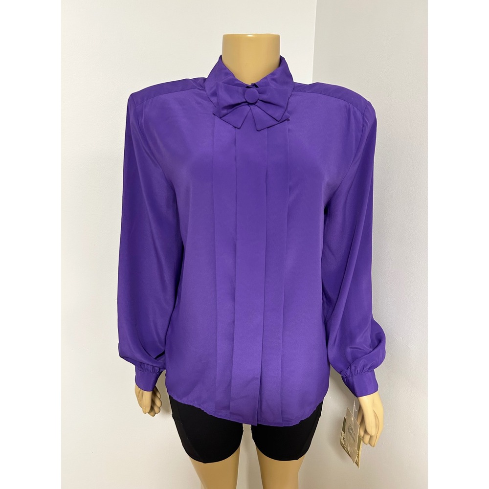 Anne Klein for New Aspects Vintage 80s Purple Bow Accent Pleated Blouse Size 12